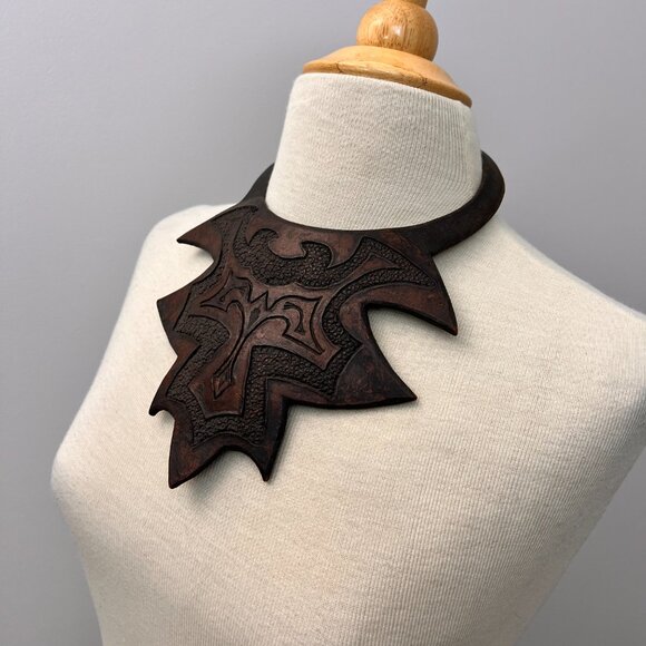 Vintage Leather Breastplate Choker Engraved Necklace Statement Piece African - Picture 13 of 14